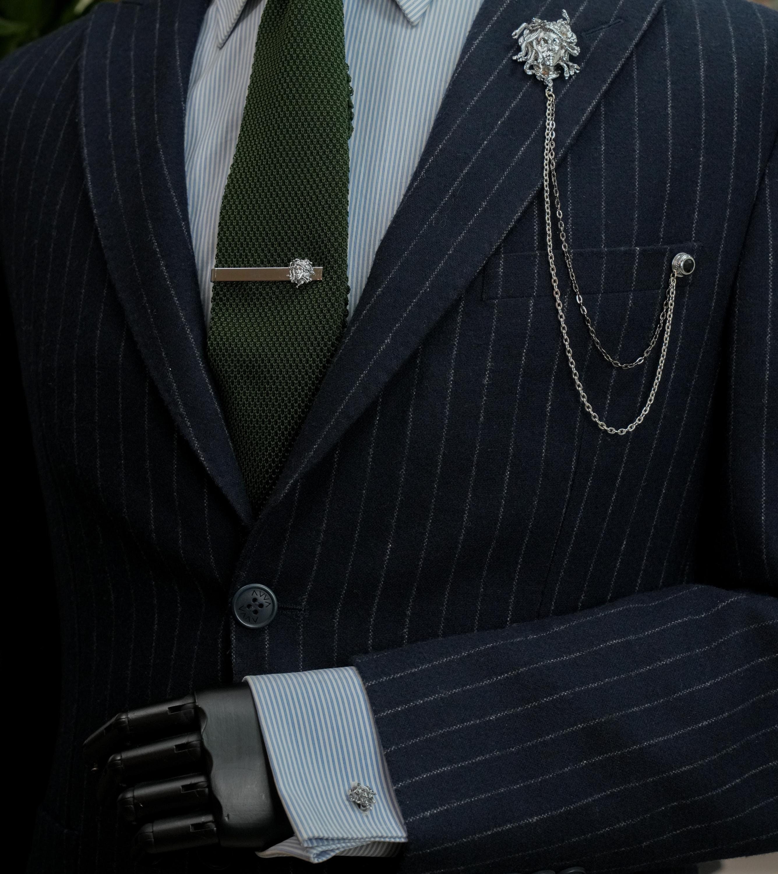 PEARLY JUN Set Di Spille Per Colletto E Copribottoni Con Strass - Accessori Moda Argento Per Uomo E Donna