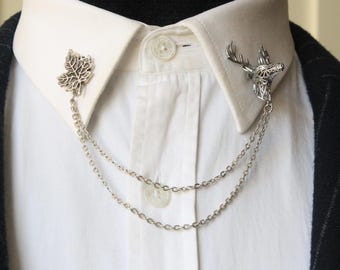 Deer and Plane Tree Leaf Shirt Collar Pin Brooch