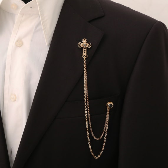 Cross Lapel Pin: Gold Silver Color Jacket Chain Brooch for Men's Suit Jacket, Lapel Chain for Men Suits, Mens Brooch, Vintage Cross Brooch