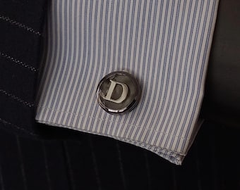 Handmade Black Plated Initial Cufflinks – Personalized Monogram Cuff Links – Customized Black Formal Mens Wedding Gift Accessory
