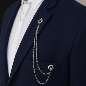 Customized Letter Chain Brooch, Personalized Silver Lapel Pin, Wedding Suit Jacket Lapel Pin, Gifts for Mens