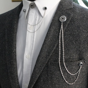 Black Silver Color Shirt Collar Chain Brooch Set, Jacket Lapel Pin, Lapel Brooch, Gift For Him, Men&#39;s Jewellery Accessory, Grooms Mens Gifts