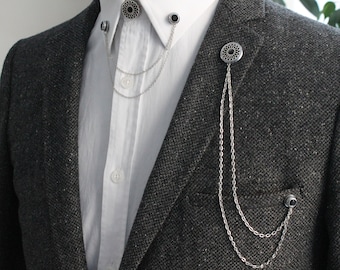 Black Stone & Silver Shirt Collar Chain Brooch Set: Men's Suit Jacket Lapel Pin Jewelry, Handmade Shirt Chain Pin, Lapel Brooch Sets