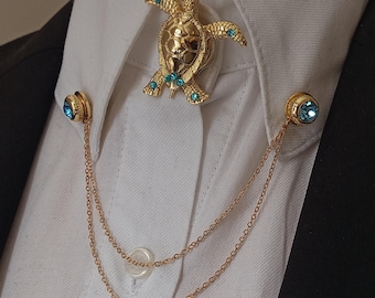 Sea Turtle Gold Shirt Collar Chain Brooch Set, Gold Shirt Collar Chain Pin, Shirt Lapel Pin, Groomsmen Jewelry, Suit Lapel Brooch