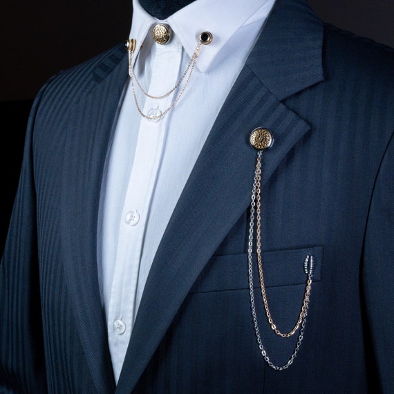 Broche De Col Avec Chaîne Pour Costume Homme - Épingle à Cravate En Métal Argenté, Décorative Pour Chemise Et Veste