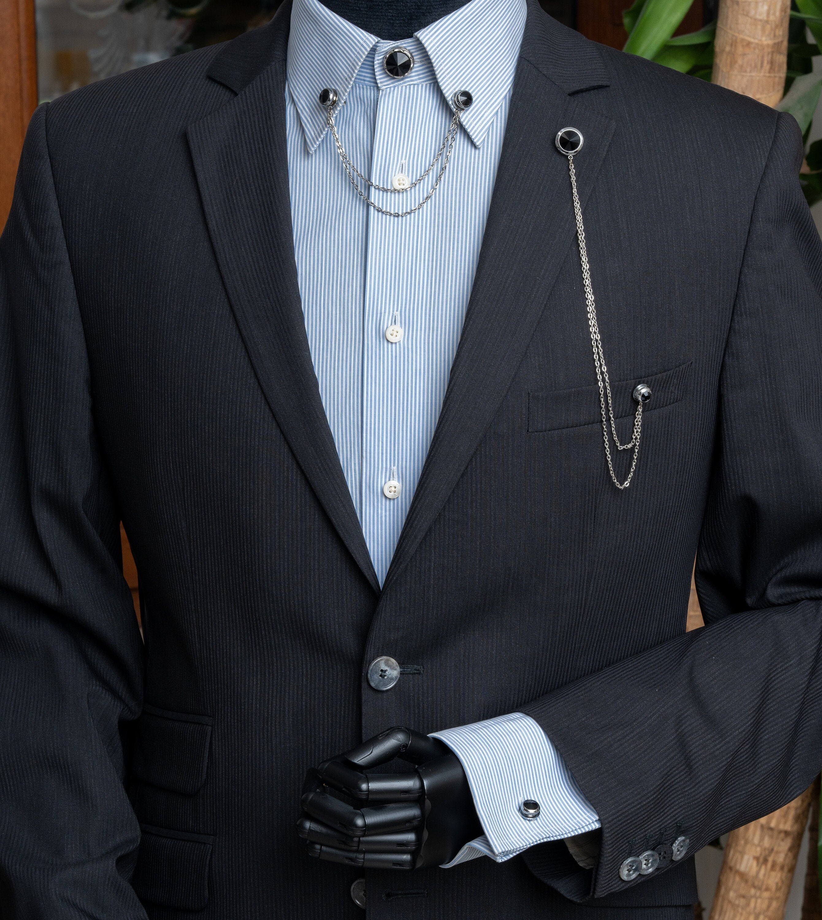 Handmade Black Stone Shirt Jacket Collar Chain Brooch Set, Lapel Pin,Shirt Chain Pin, Lapel Brooch,  Wedding Accessory, Gift For Him Men Dad