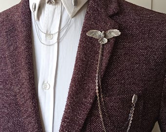 Eagle Silver Shirt Collar Chain Brooch Set, Silver Shirt Collar Chain Pin, Jacket Lapel Pin, Groomsmen Jewelry, Suit Lapel Brooch