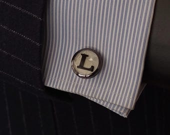 Handmade Black Plated Initial Cufflinks – Personalized Monogram Cuff Links – Customized Black & White Formal Mens Wedding Gift Accessory