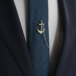 Anchor Tie Tack with chain, Marine Tie Clip, Tie Bar, Hand Made Unique Design, Men&#39;s Wedding Jewellery, Gift for him husband, Man Dad gifts
