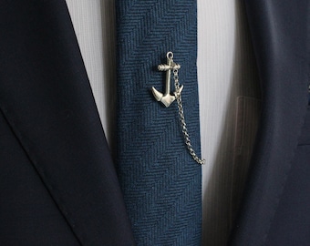 Anchor Tie Tack with chain, Marine Tie Clip, Tie Bar, Hand Made Unique Design, Men's Wedding Jewellery, Gift for him husband, Man Dad gifts