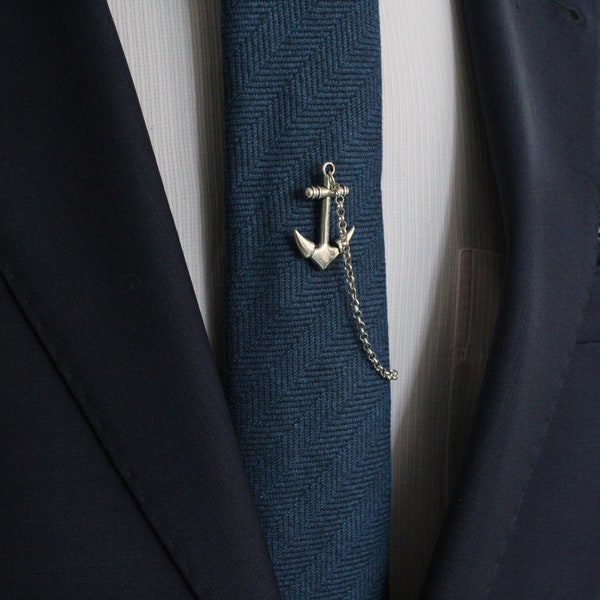 Anchor Tie Tack with chain, Marine Tie Clip, Tie Bar, Hand Made Unique Design, Men's Wedding Jewellery, Gift for him husband, Man Dad gifts