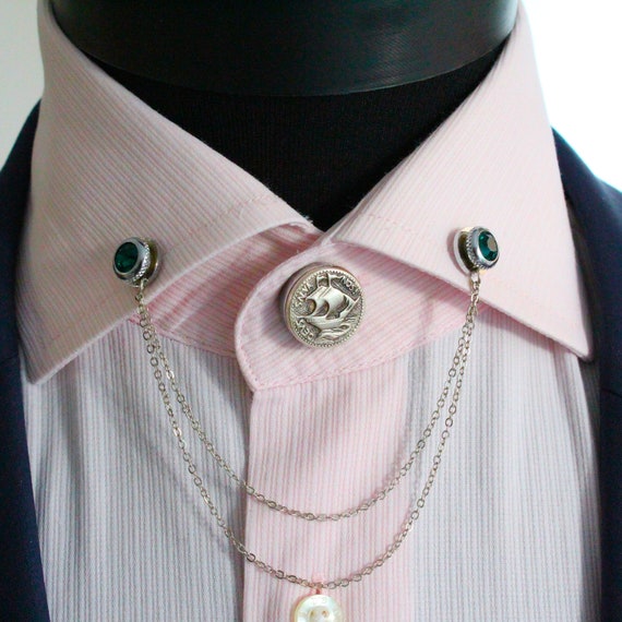 Mens Tie Tack Pins Brooch Lapel Pin Collar Pin with Chain Mini Accessories