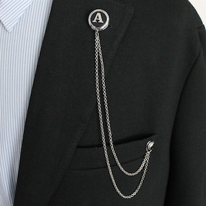 Customized Handmade Silver Chain Lapel Pin, Personalized Letter Brooch, Men's Suit Jacket Collar Pin, Chain Lapel Brooch