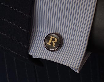 Handmade Black Plated Initial Cufflinks – Personalized Monogram Cuff Links – Customized Black Formal Mens Wedding Gift Accessory