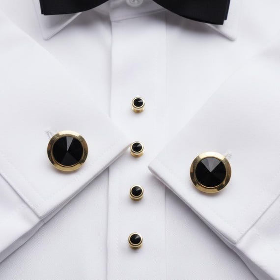 ハンドメイドゴールドカラータキシードシャツスタッド＆カフスボタン