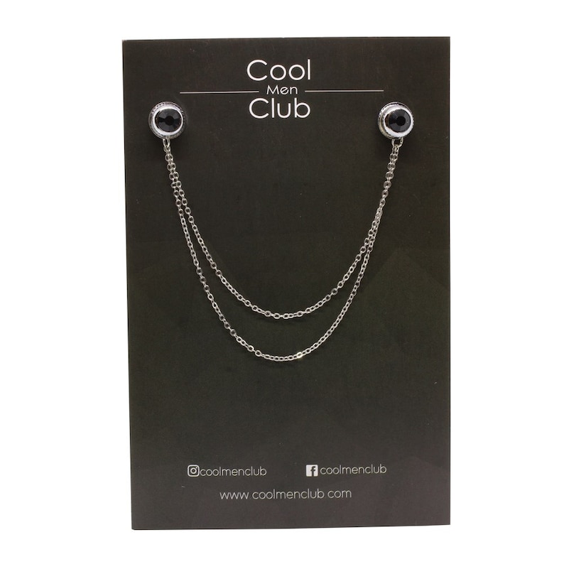 May include: A silver chain with two black round stones on each end. The chain is displayed on a black card with the text "Cool Men Club" and the website address "www.coolmenclub.com".