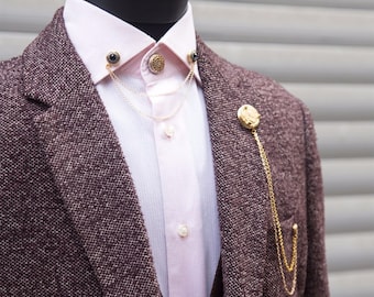 Shirt Collar Chain Brooch Set, Jacket Lapel Pin, Shirt Chain Pin, Handmade Lapel Brooch, Gift For Him, Men's Jewellery Accessory, Mens Gifts