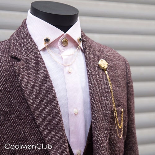 Shirt Collar Chain Brooch Set, Jacket Lapel Pin, Shirt Chain Pin, Handmade Lapel Brooch, Gift For Him, Men's Jewellery Accessory, Mens Gifts