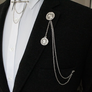 Alexander the Great Figured Chain Brooch, Ancient Old Coin Collar Pin, Jacket Handmade Lapel, Gift For Man, Men Jewellery Accessory Wedding