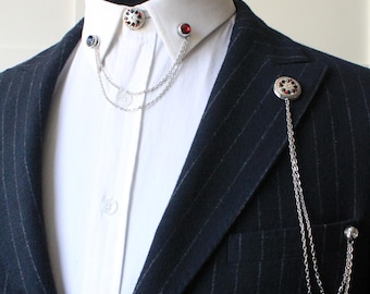 USA Flag Colors Lapel Pin Brooch Set:  Red Blue White Stone Suit & Jacket Accessory Pin,  Shirt Collar Chain Pins