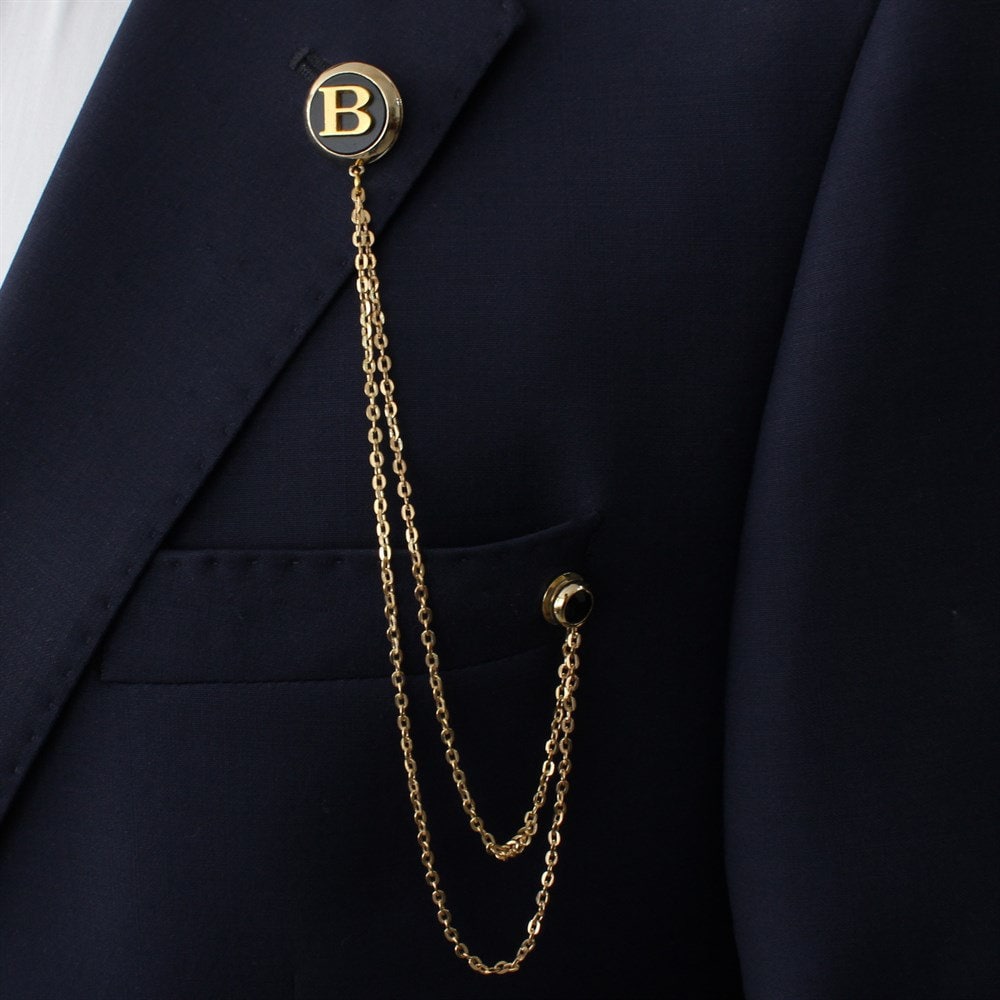 Customized Handmade Chain Lapel Brooch, Personalized Letter Jacket Collar Pin, Mens Lapel Chain, Suit Accessories, Wedding Groomsmen
