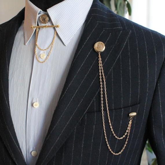 Gold Color Coin Chain Brooch Set: Handmade Jacket Lapel Pin, Men's Suit Jacket Accessory, Lapel Brooch, Men's Suit Shirt Jewelry, Wedding