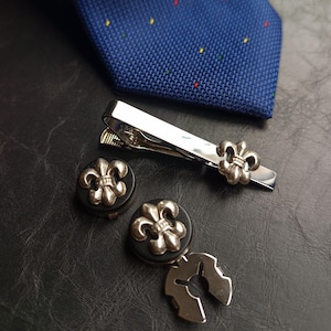 Handmade Fleur de Lys Button Cover Cufflink & Tie Clip Set, Plated Brass Wedding Jewelry, Men Shirt Accessory Brooches