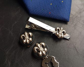 Handmade Fleur de Lys Button Cover Cufflink & Tie Clip Set, Plated Brass Wedding Jewelry, Men Shirt Accessory Brooches