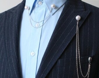 Silver Color Artificial Pearl Suit & Shirt Lapel Pin Cufflinks Set, Mens Groomsmen Wedding Gifts