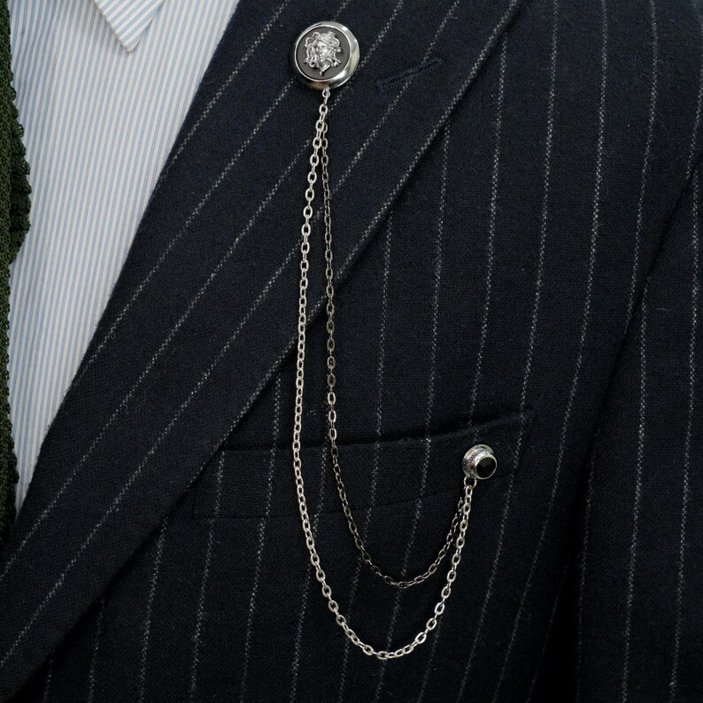 Medusa Jacket Collar Chain Brooch-cufflinks-tie Bar Set, Silver Color ...