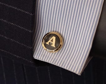 Handmade Gold Plated Initial Cufflinks – Personalized Monogram Cuff Links – Customized Gold & Black Formal Mens Wedding Gift Accessory