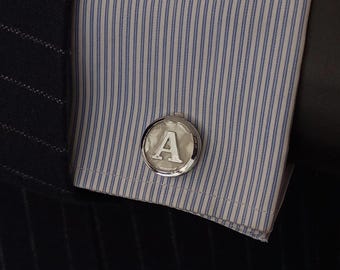 Handmade Silver Plated Initial Cufflinks – Personalized Monogram Cuff Links – Customized Silver & White Formal Mens Wedding Gift Accessory