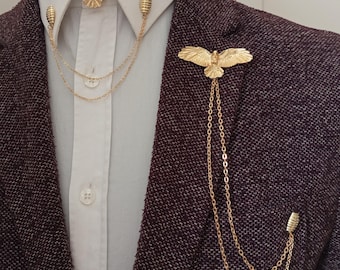 Eagle Gold Shirt Collar Chain Brooch Set, Gold Shirt Collar Chain Pin, Jacket Lapel Pin, Groomsmen Jewelry, Suit Lapel Brooch