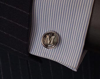 Handmade Silver Plated Initial Cufflinks – Personalized Monogram Cuff Links – Customized Silver & Black Formal Mens Wedding Gift Accessory