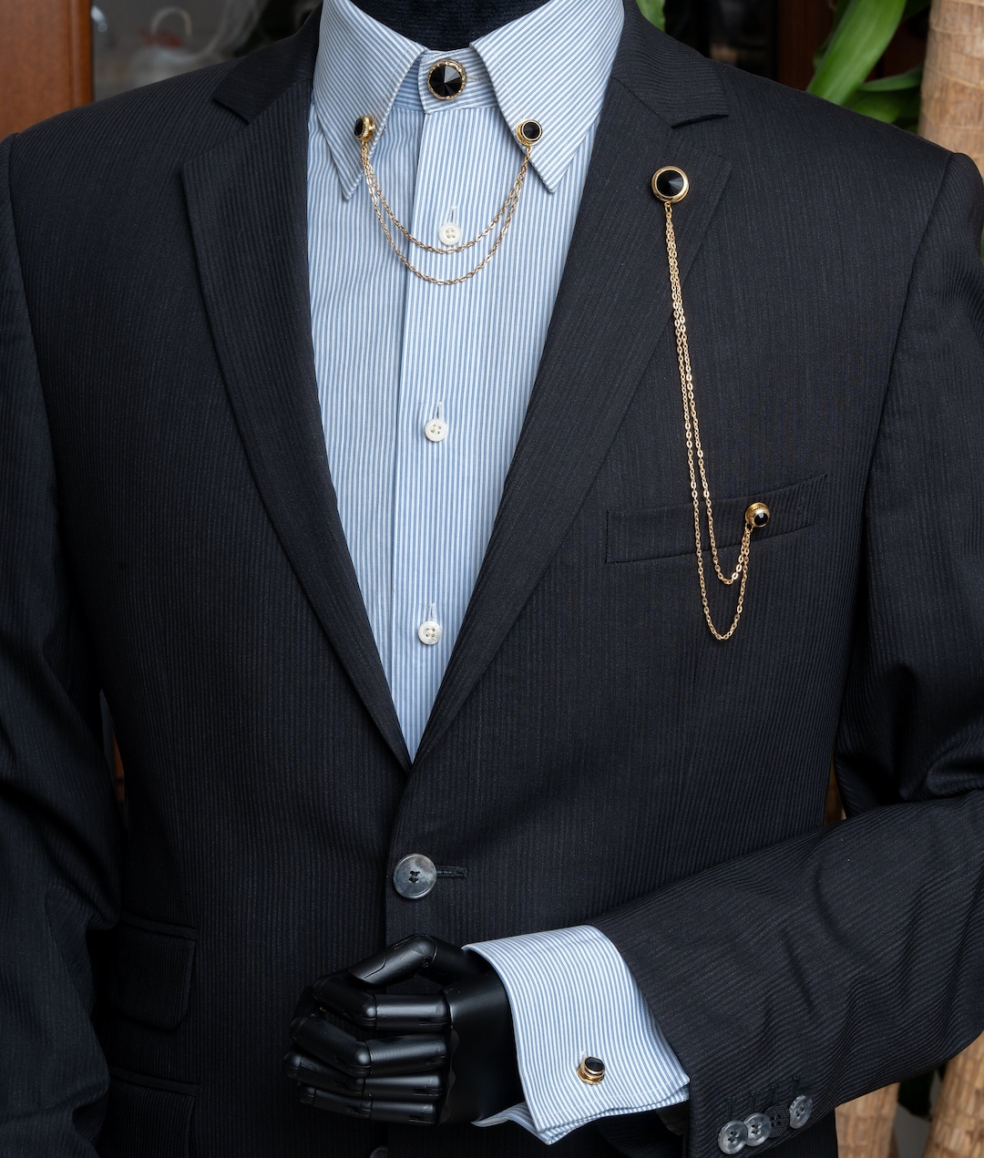 Handmade Black Stone Shirt Jacket Collar Chain Brooch Set, Lapel Pin,Suit Chain Pin, Lapel Brooch, Wedding Accessory, Groomsmen Gifts