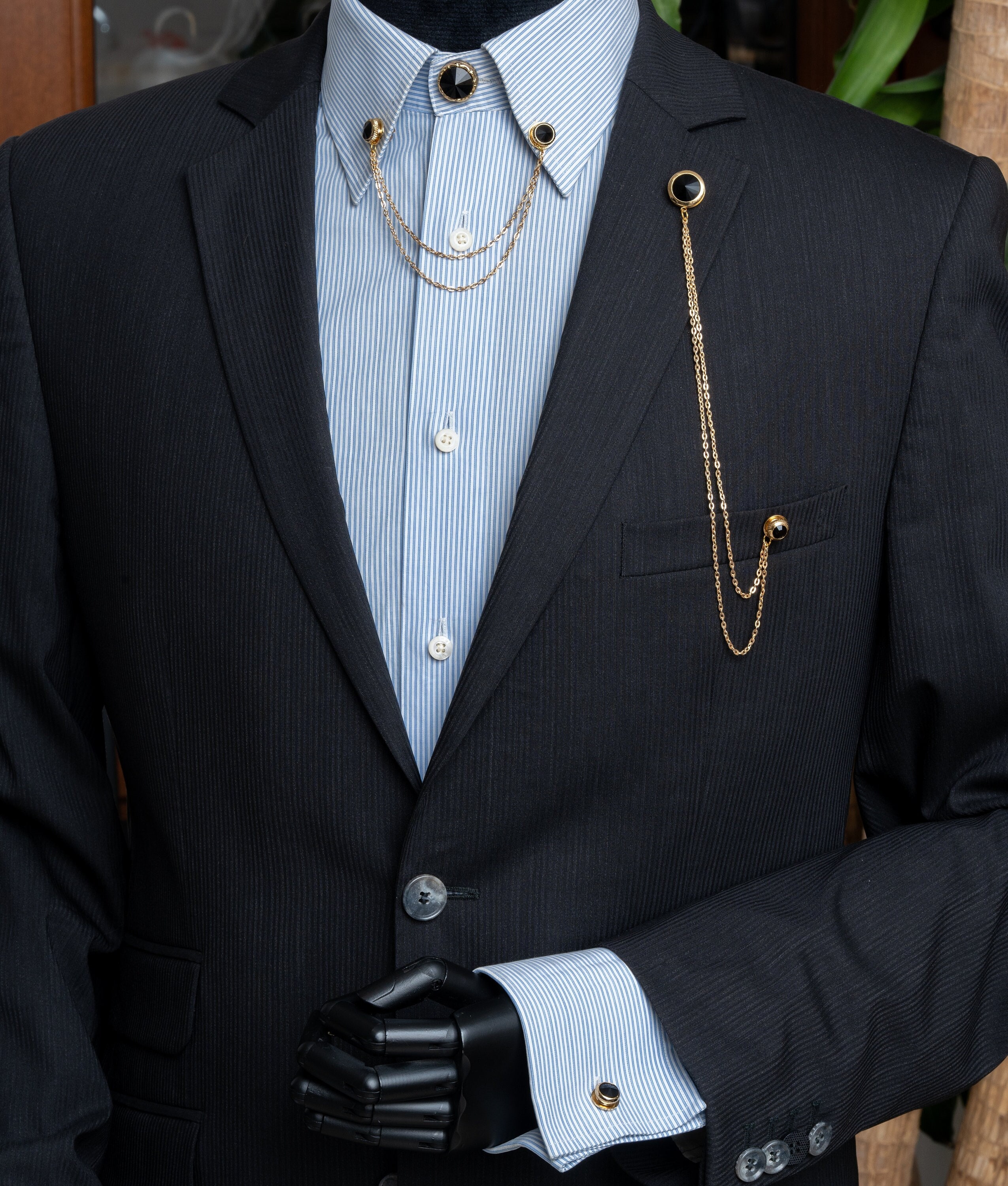 Handmade Black Stone Shirt Jacket Collar Chain Brooch Set