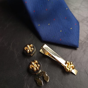 Handmade Fleur de Lys Button Cover Cufflink & Tie Clip Set, Plated Brass Wedding Jewelry, Men Shirt Accessory Brooches