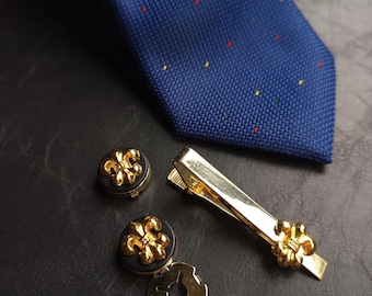 Handmade Fleur de Lys Button Cover Cufflink & Tie Clip Set, Plated Brass Wedding Jewelry, Men Shirt Accessory Brooches