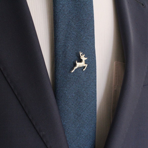 Deer Tie Tack with chain, Tie Clip, Tie Bar Animal, Hand Made Unique Design, Men's Wedding Jewellery, Gift for him husband, Man Dad gifts