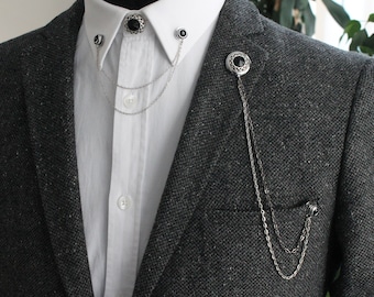Ensemble de broche en chaîne de col de veste de chemise en pierre noire, épingle de veste, épingle de chaîne de chemise, broche de revers, cadeaux pour lui, accessoire de bijou pour homme