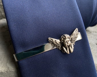 Handmade Cherub Angel Figured Tie Clips, Silver Plated Tie Bar, Wedding Tie Pin, Gift For Him, Men's Accessory, Father Dad Man Groomsmen