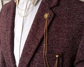 Fleur de Lys Gold Shirt Jacket Collar Chain Brooch Set, Gold Lapel Pin, Shirt Collar Chain Pin, Lapel Brooch,Wedding Accessory, Gift For Him