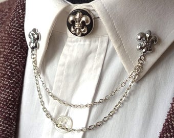 Fleur de Lys Silver Shirt Collar Chain Brooch Set, Silver Shirt Collar Pin, Shirt Collar Chain Pin, Lapel Brooch, Wedding Brooch