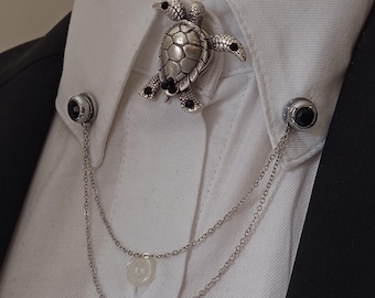 Sea Turtle Silver Shirt Collar Chain Brooch Set, Gold Shirt Collar Chain Pin, Shirt Lapel Pin, Groomsmen Jewelry, Suit Lapel Brooch