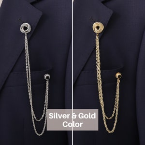 2 Colors Jacket Chain Brooch, Gold Jacket Lapel Pin, Silver Jacket Brooch, Jacket Pin, Men Jewelry Groomsmen, Gift For Him,Wedding Accessory image 1