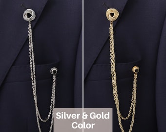 2 Colors Jacket Chain Brooch, Gold Jacket Lapel Pin, Silver Jacket Brooch, Jacket Pin, Men Jewelry Groomsmen, Gift For Him,Wedding Accessory