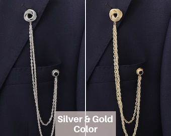 2 Colors Jacket Chain Brooch, Gold Jacket Lapel Pin, Silver Jacket Brooch, Jacket Pin, Men Jewelry Groomsmen, Gift For Him,Wedding Accessory