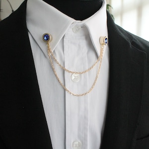 5 in 1 Shirt Collar Pin With Changeable Stones, Shirt Gold Chain Lapel Pin, Handmade Brooch, Men&#39;s Accessory, Man Jewelry Gift
