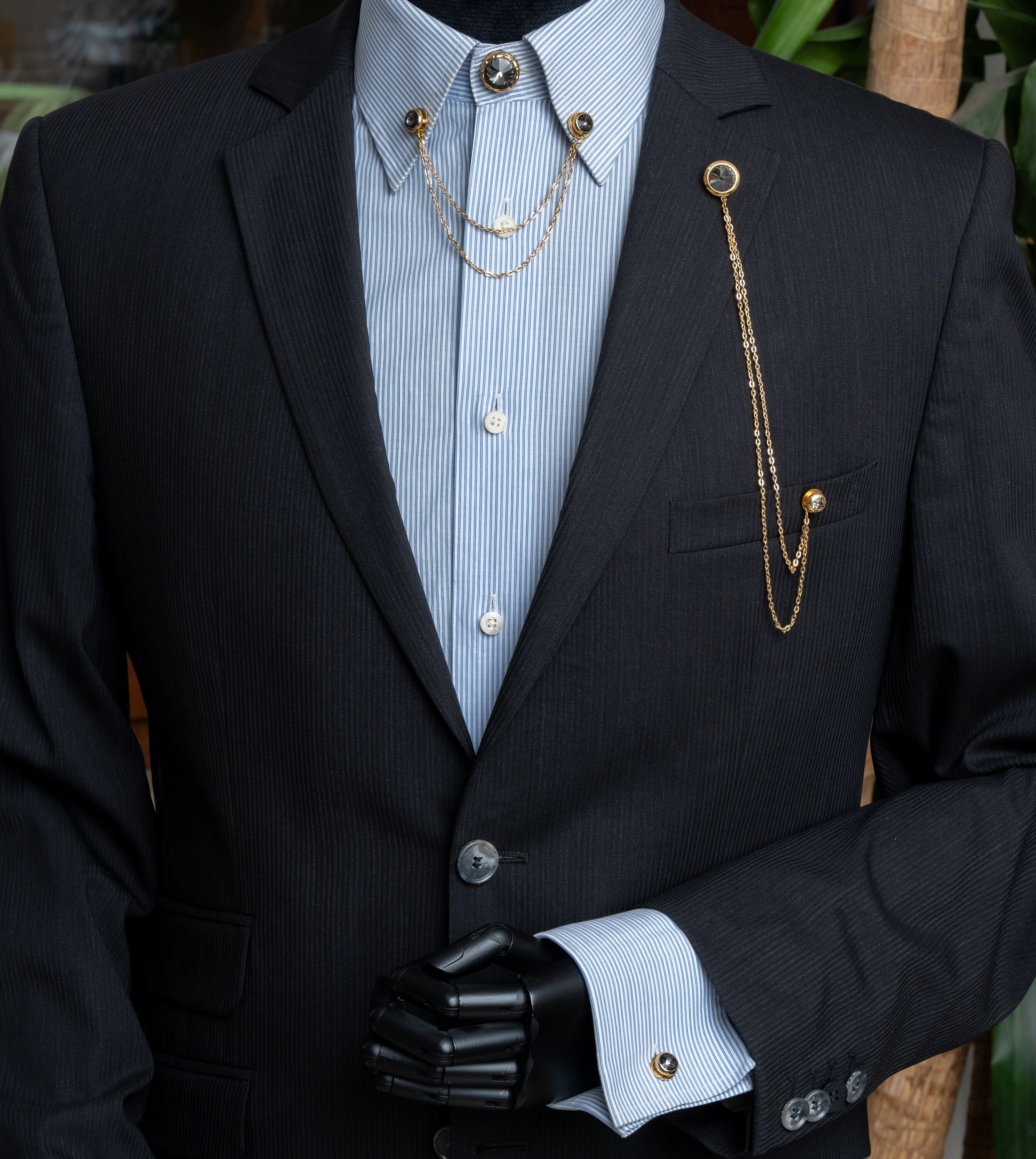 ハンドメイドグレーストーンシャツジャケットチェーンブローチセット