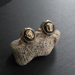 Gold Medusa Manschettenknöpfe, Schwarz Einzigartiges Design Herren Schmuck, Geschenke für Ihn, Hochzeit Groomsmen Papa Geschenk
